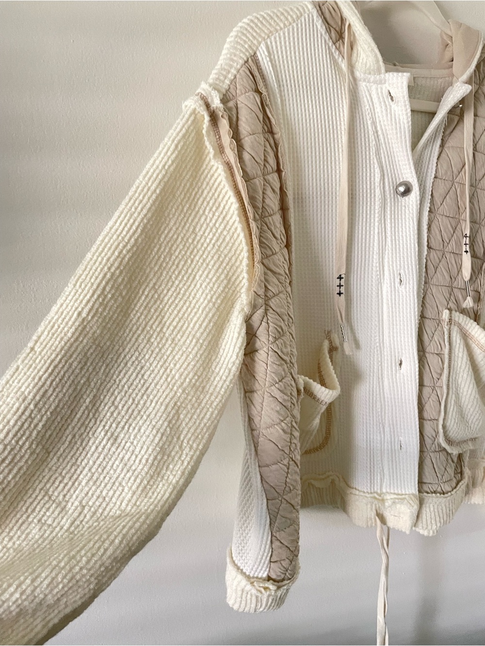 POL Quilted Waffle Knit Hooded Jacket Sz L Cream Tan Boxy Slouchy Granola Boho - Picture 6 of 9
